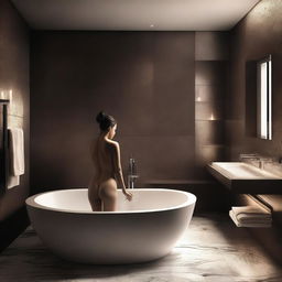 A seductive scene set in a modern bathroom with dim lighting, featuring a stylish and elegant ambiance