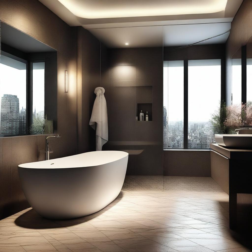 A seductive scene set in a modern bathroom with dim lighting, featuring a stylish and elegant ambiance