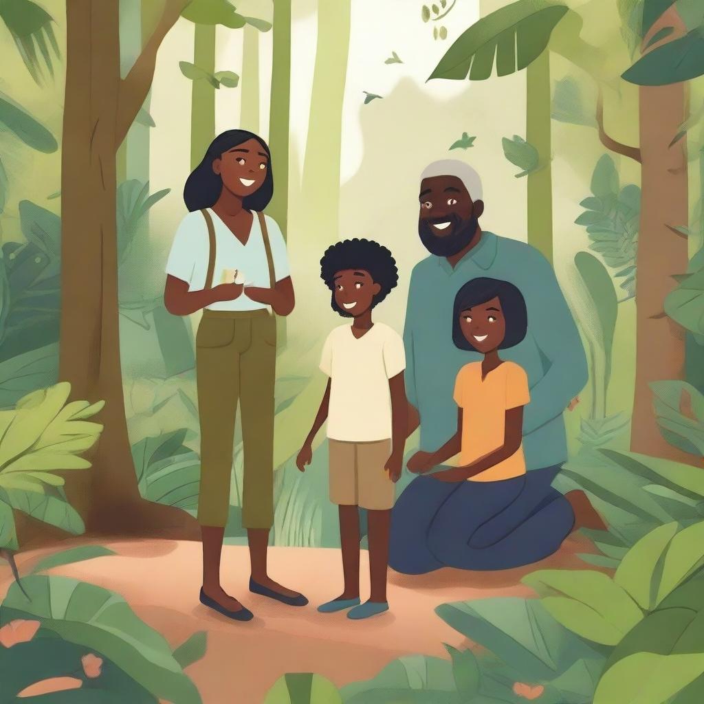 A naturalist family consisting of a black woman, an Asian girl, and a white man enjoying a day in a lush forest