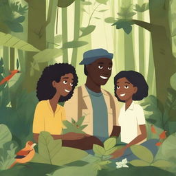 A naturalist family consisting of a black woman, an Asian girl, and a white man enjoying a day in a lush forest