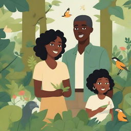 A naturalist family consisting of a black woman, an Asian girl, and a white man enjoying a day in a lush forest