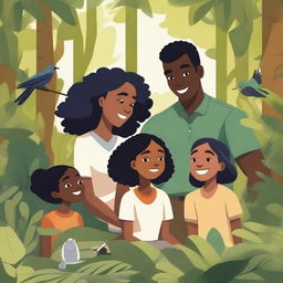 A naturalist family consisting of a black woman, an Asian girl, and a white man enjoying a day in a lush forest