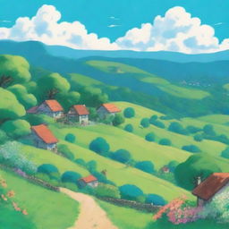 A serene countryside scene with rolling hills and a small village, drawn in the style of Studio Ghibli