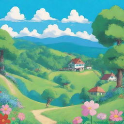 A serene countryside scene with rolling hills and a small village, drawn in the style of Studio Ghibli