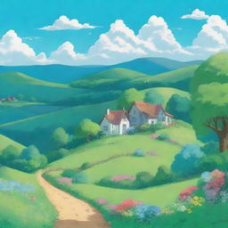 A serene countryside scene with rolling hills and a small village, drawn in the style of Studio Ghibli