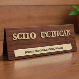 An elegant advocate name plate displaying the names 'T Swetcha' and 'S Goutham' engraved professionally in a stylish and readable font, placed on a polished wooden or metallic background