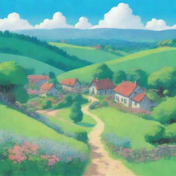 A serene countryside scene with rolling hills and a small village, drawn in the style of Studio Ghibli