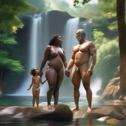 A photorealistic image of a naturist family consisting of a black woman, an Asian girl, and a white man enjoying a day in amazing nature