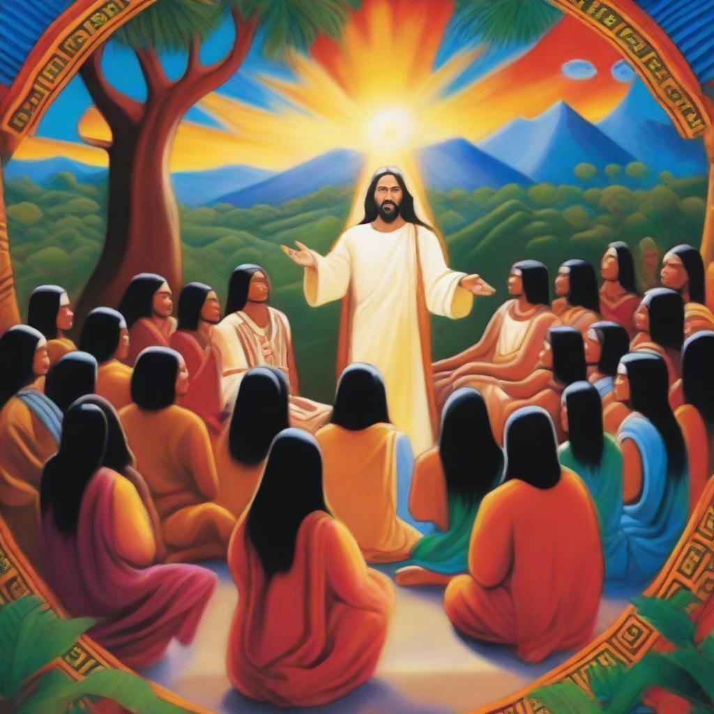 A painting of Christ preaching the Sermon on the Mount to Native American Mayans, in the style of Jeff Hen