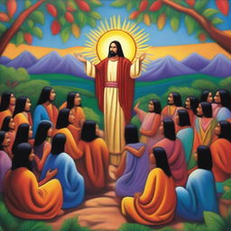 A painting of Christ preaching the Sermon on the Mount to Native American Mayans, in the style of Jeff Hen