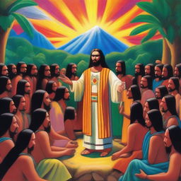 A painting of Christ preaching the Sermon on the Mount to Native American Mayans, in the style of Jeff Hen