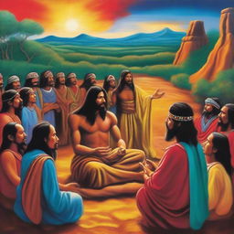 A painting of Christ preaching the Sermon on the Mount to Native American Mayans, in the style of Jeff Hen