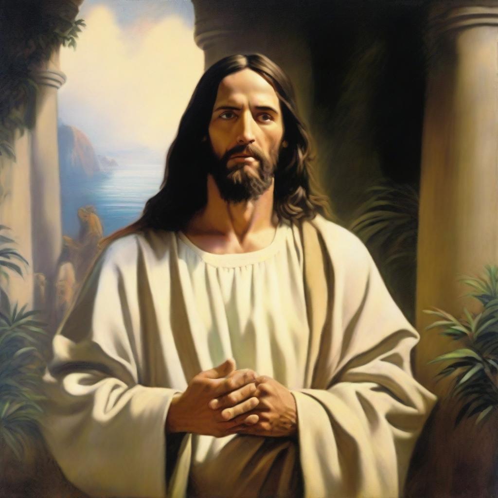 An oil painting of Jesus Christ in the Americas, created in a realistic style by Carl Bloch