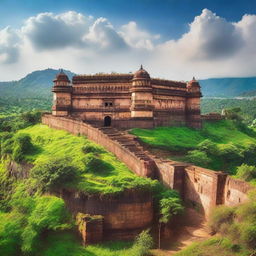 A huge fort in Maharashtra, India, surrounded by lush greenery and majestic landscapes