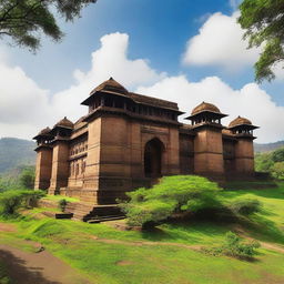 A huge fort in Maharashtra, India, surrounded by lush greenery and majestic landscapes