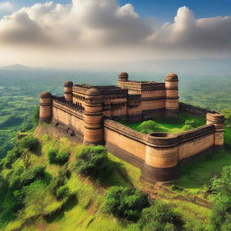 A huge fort in Maharashtra, India, surrounded by lush greenery and majestic landscapes