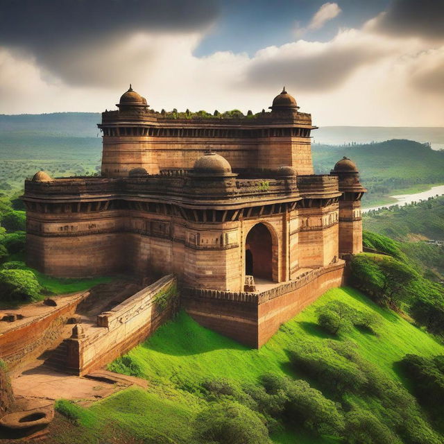 A huge fort in Maharashtra, India, surrounded by lush greenery and majestic landscapes