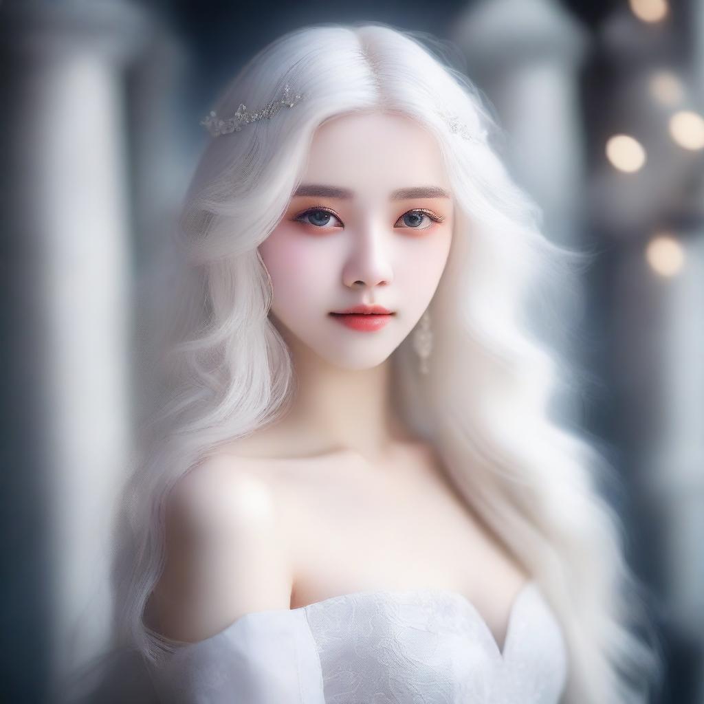 A stunning girl with flowing white hair and mesmerizing white eyes