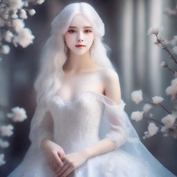 A stunning girl with flowing white hair and mesmerizing white eyes