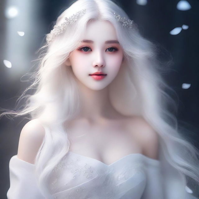 A stunning girl with flowing white hair and mesmerizing white eyes