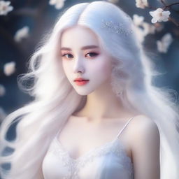 A stunning girl with flowing white hair and mesmerizing white eyes