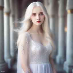 A stunning Russian girl with flowing white hair and mesmerizing white eyes