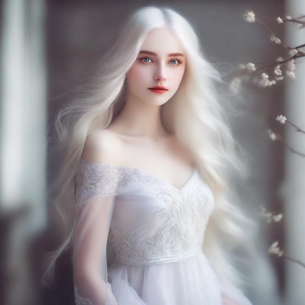 A stunning Russian girl with flowing white hair and mesmerizing white eyes