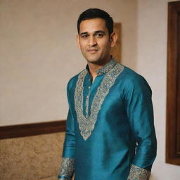 Indian cricketer MS Dhoni wearing a traditional Indian kurta