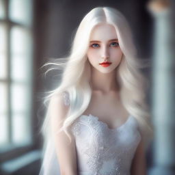 A stunning Russian girl with flowing white hair and mesmerizing white eyes