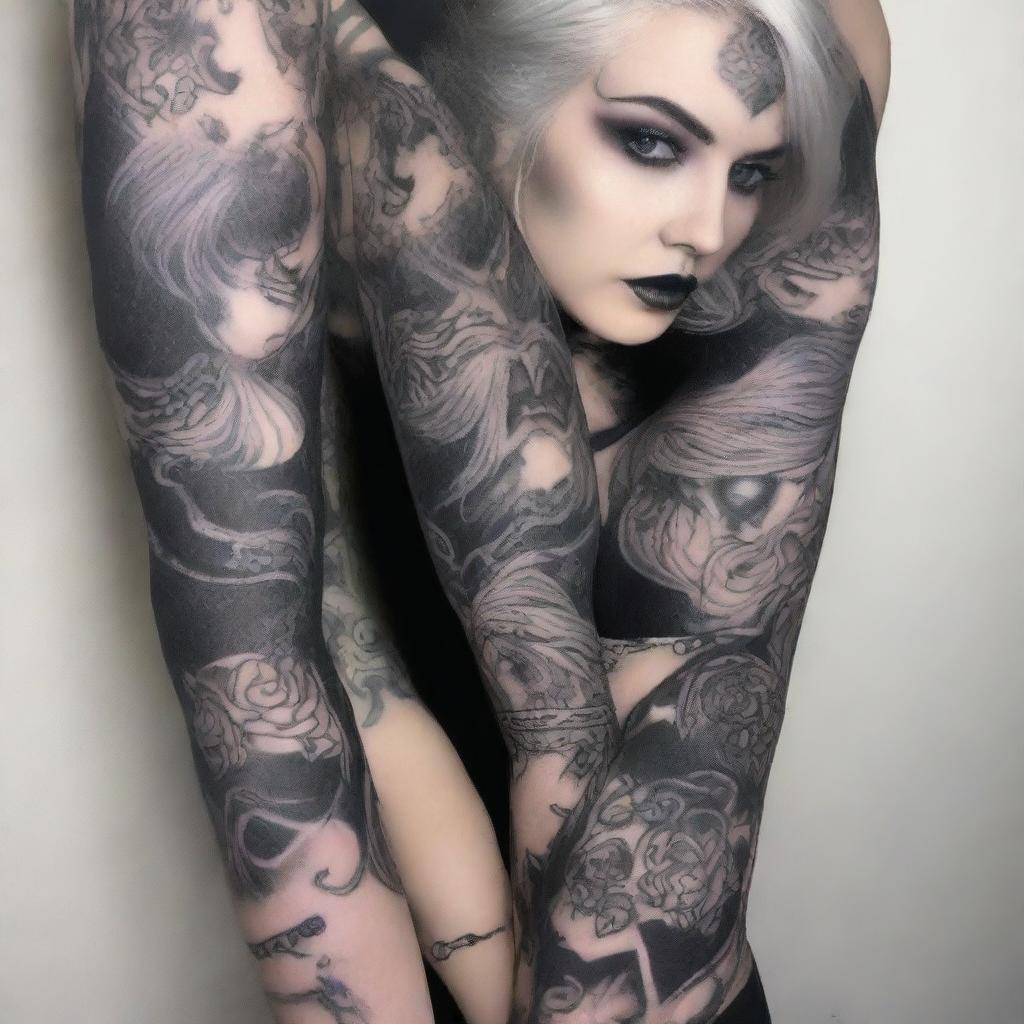 A gothic girl with striking white hair and eyes, adorned with intricate tattoos across her beautiful body