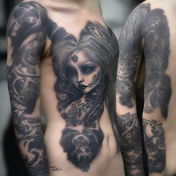 A gothic girl with striking white hair and eyes, adorned with intricate tattoos across her beautiful body