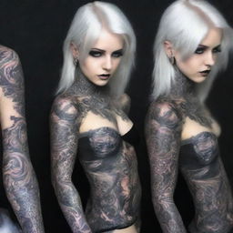 A gothic girl with striking white hair and eyes, adorned with intricate tattoos across her beautiful body