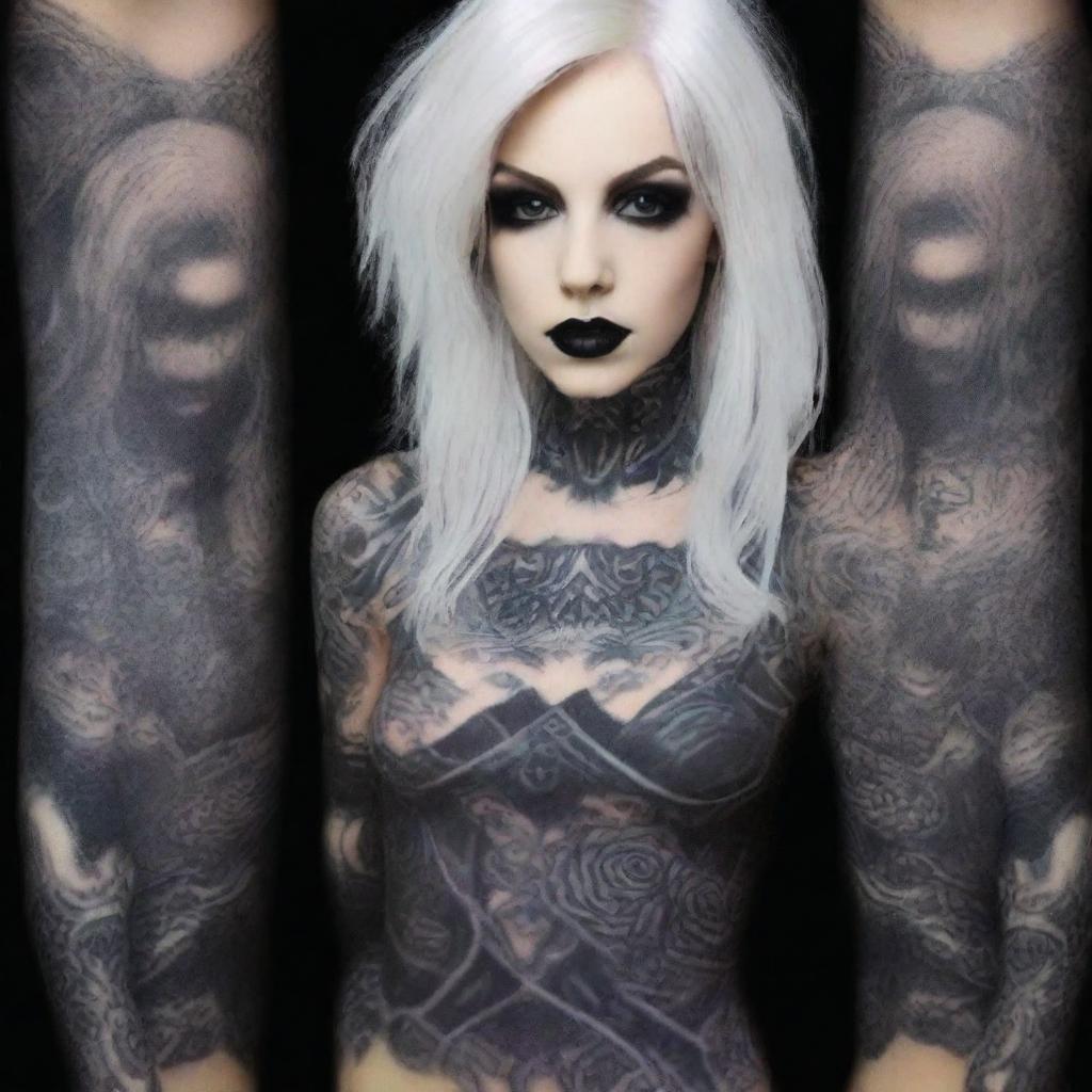 A gothic girl with striking white hair and eyes, adorned with intricate tattoos across her beautiful body