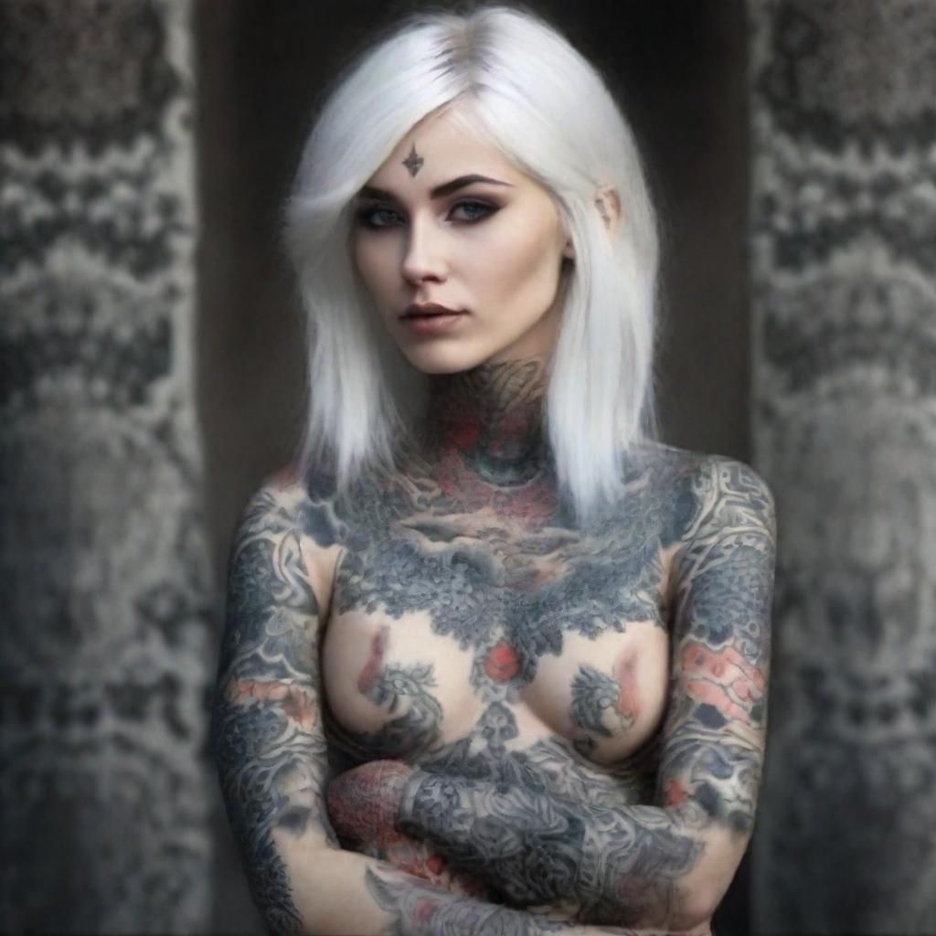 A Russian girl with striking white hair and eyes, adorned with intricate tattoos across her beautiful body