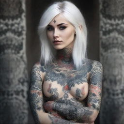 A Russian girl with striking white hair and eyes, adorned with intricate tattoos across her beautiful body