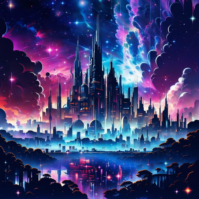 A futuristic cityscape nestled within a vibrant galaxy, composed of towering skyscrapers interconnected with glowing bridges against the backdrop of space.