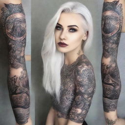 A Russian girl with striking white hair and eyes, adorned with intricate tattoos across her beautiful body