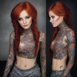 A Russian girl with striking red hair and eyes, adorned with intricate tattoos across her beautiful body