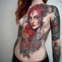 A Russian girl with striking red hair and eyes, adorned with intricate tattoos across her beautiful body