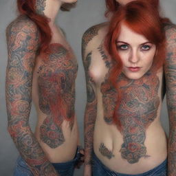 A Russian girl with striking red hair and eyes, adorned with intricate tattoos across her beautiful body