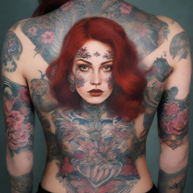 A Russian girl with striking red hair and eyes, adorned with intricate tattoos across her body