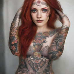 A Russian girl with striking red hair and eyes, adorned with intricate tattoos across her body