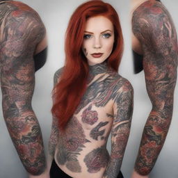 A Russian girl with striking red hair and eyes, adorned with intricate tattoos across her body