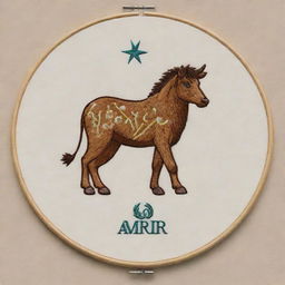 Design an embroidered-style personal logo for 'Amir', integrating elements of veterinary medicine and the Gemini zodiac sign, indicating 'Amir's' profession and star sign.