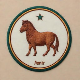 Design an embroidered-style personal logo for 'Amir', integrating elements of veterinary medicine and the Gemini zodiac sign, indicating 'Amir's' profession and star sign.