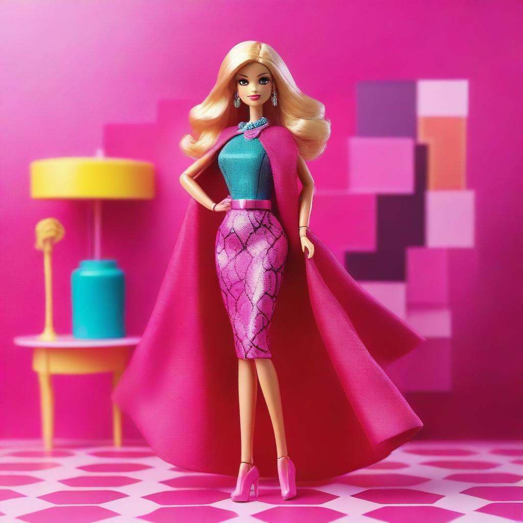 A vibrant and stylish image of Barbie in a fashionable outfit, standing in front of a glamorous backdrop