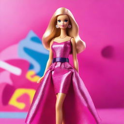 A vibrant and stylish image of Barbie in a fashionable outfit, standing in front of a glamorous backdrop