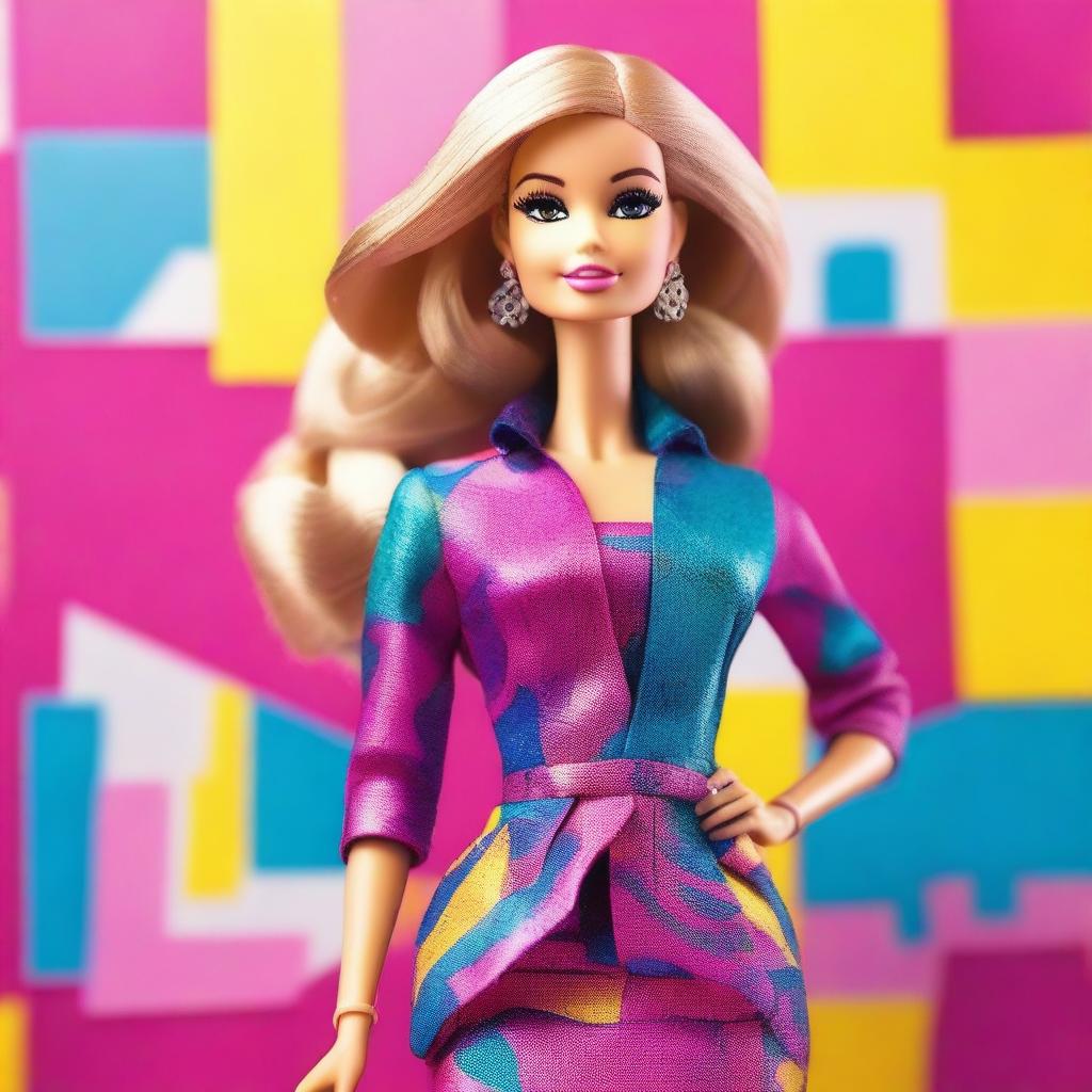 A vibrant and stylish image of Barbie in a fashionable outfit, standing in front of a glamorous backdrop