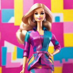 A vibrant and stylish image of Barbie in a fashionable outfit, standing in front of a glamorous backdrop