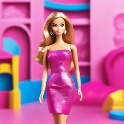 A vibrant and stylish image of Barbie in a fashionable outfit, standing in front of a glamorous backdrop